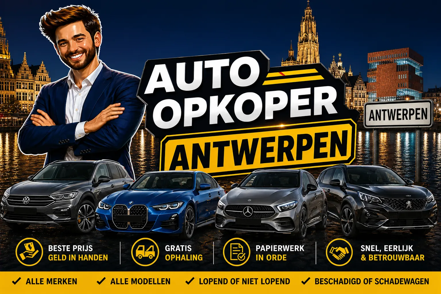 Auto verkopen Antwerpen aan auto opkoper Bram - diesel, benzine, hybride en EV opkoper voor heel Antwerpen-stad en randgemeenten, sterke export via de haven van Antwerpen