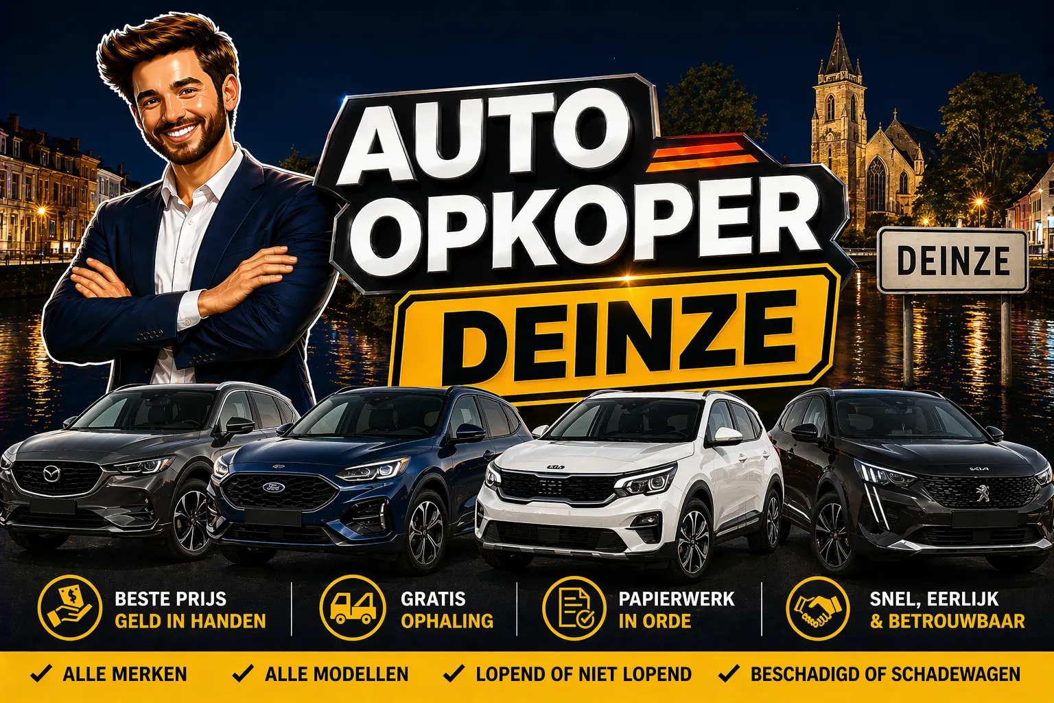Auto verkopen Deinze aan auto opkoper Bram - diesel, benzine, hybride en EV opkoper voor heel Deinze en randgemeenten in Oost-Vlaanderen, sterke export en gratis ophaling