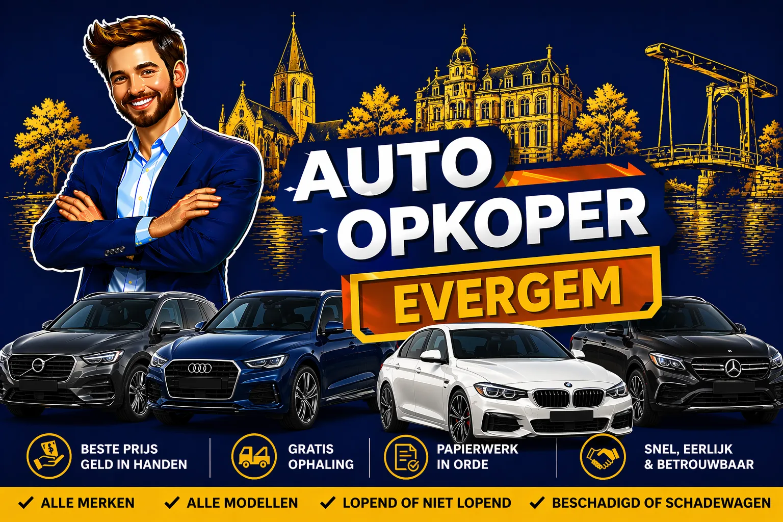 Auto verkopen Evergem aan auto opkoper Bram - diesel, benzine, hybride en EV opkoper voor heel Evergem en randgemeenten in Oost-Vlaanderen, sterke export en gratis ophaling