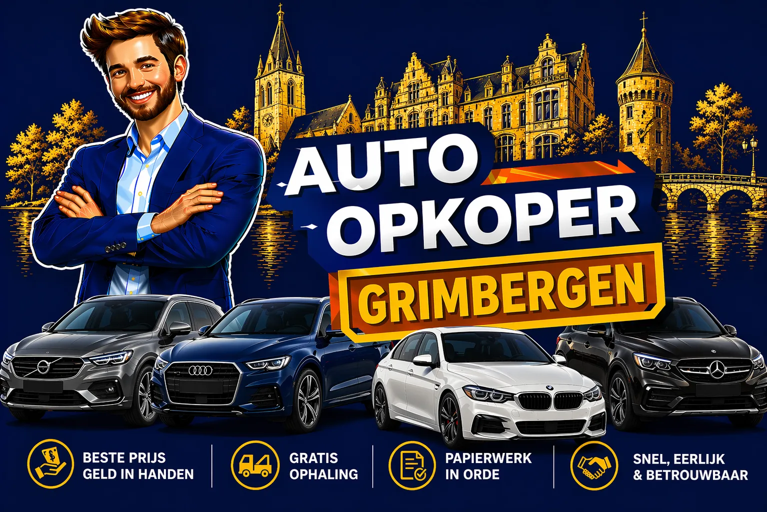 Auto verkopen Grimbergen aan auto opkoper Bram - diesel, benzine, hybride en EV opkoper voor heel Grimbergen en randgemeenten in Vlaams-Brabant, sterke export en gratis ophaling