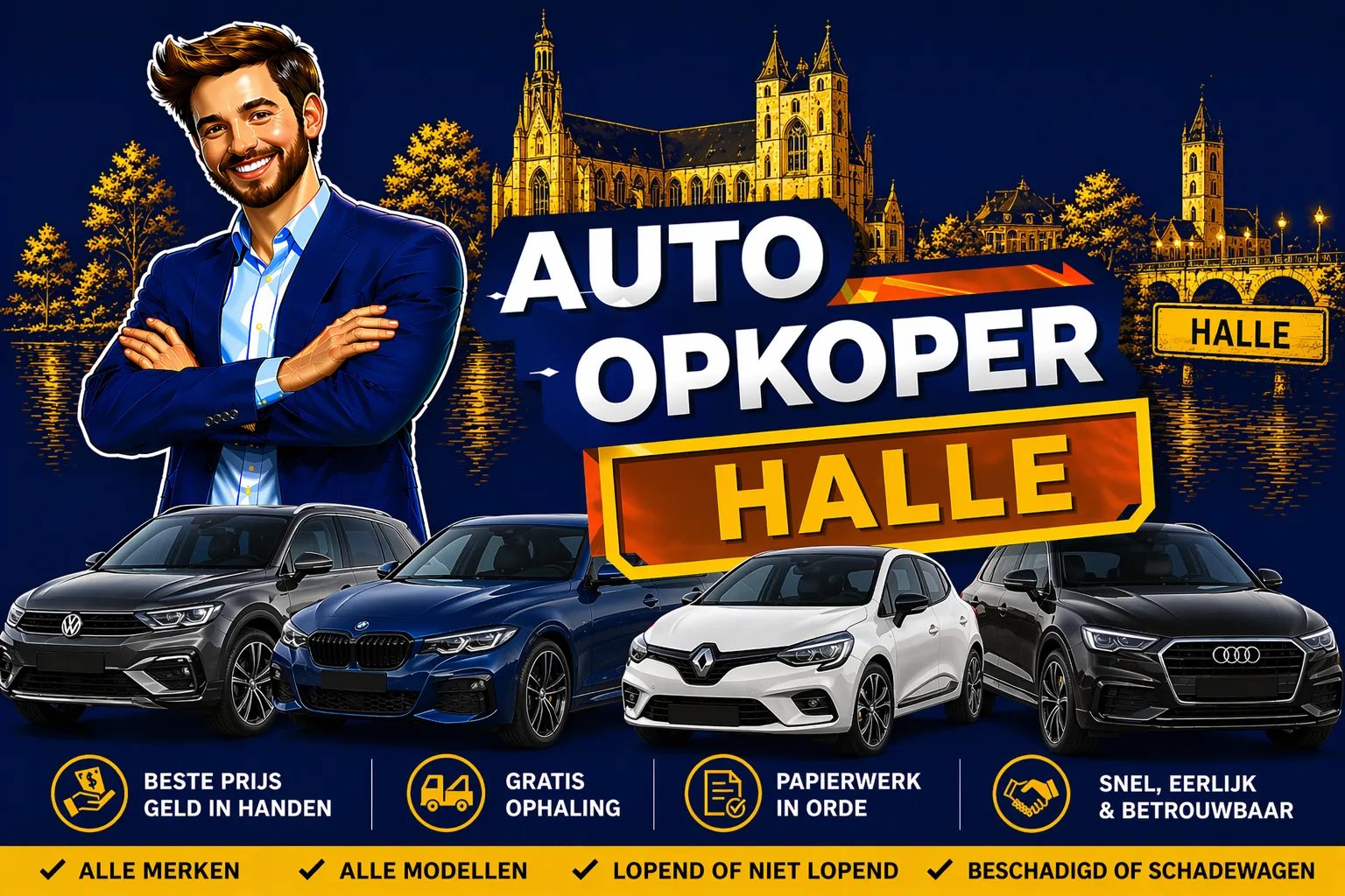 Auto verkopen Halle aan auto opkoper Bram - diesel, benzine, hybride en EV opkoper voor heel Halle en randgemeenten in Vlaams-Brabant, sterke export en gratis ophaling