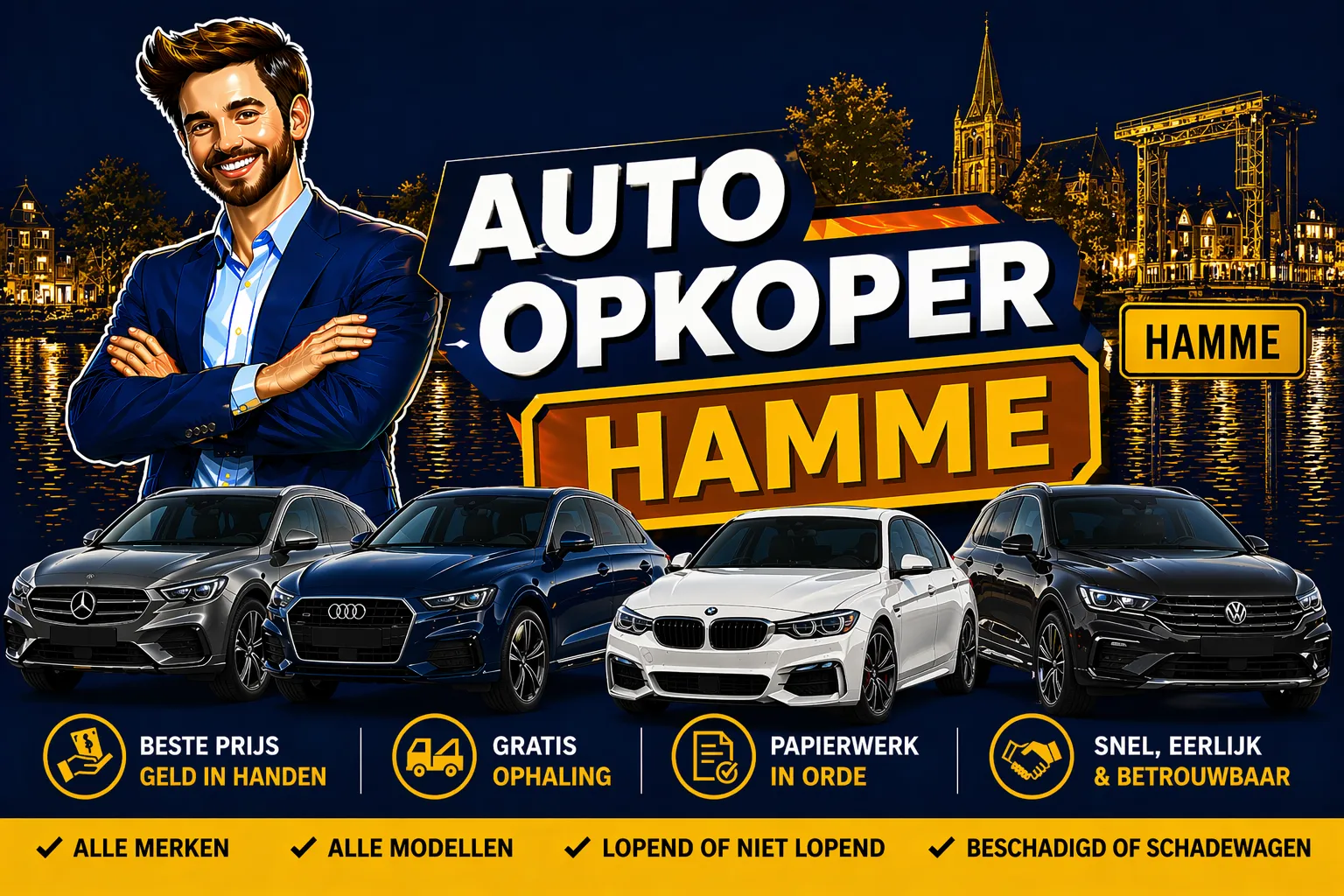 Auto verkopen Hamme aan auto opkoper Bram - diesel, benzine, hybride en EV opkoper voor heel Hamme en randgemeenten in Oost-Vlaanderen, sterke export en gratis ophaling
