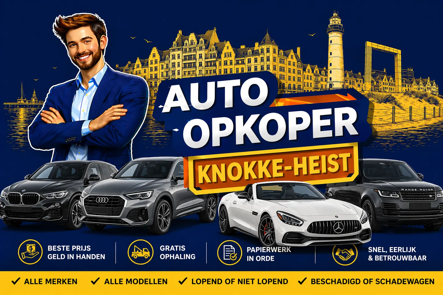 Auto verkopen Knokke-Heist aan auto opkoper Bram - diesel, benzine, hybride en EV opkoper voor heel Knokke-Heist en randgemeenten in West-Vlaanderen, sterke export en gratis ophaling