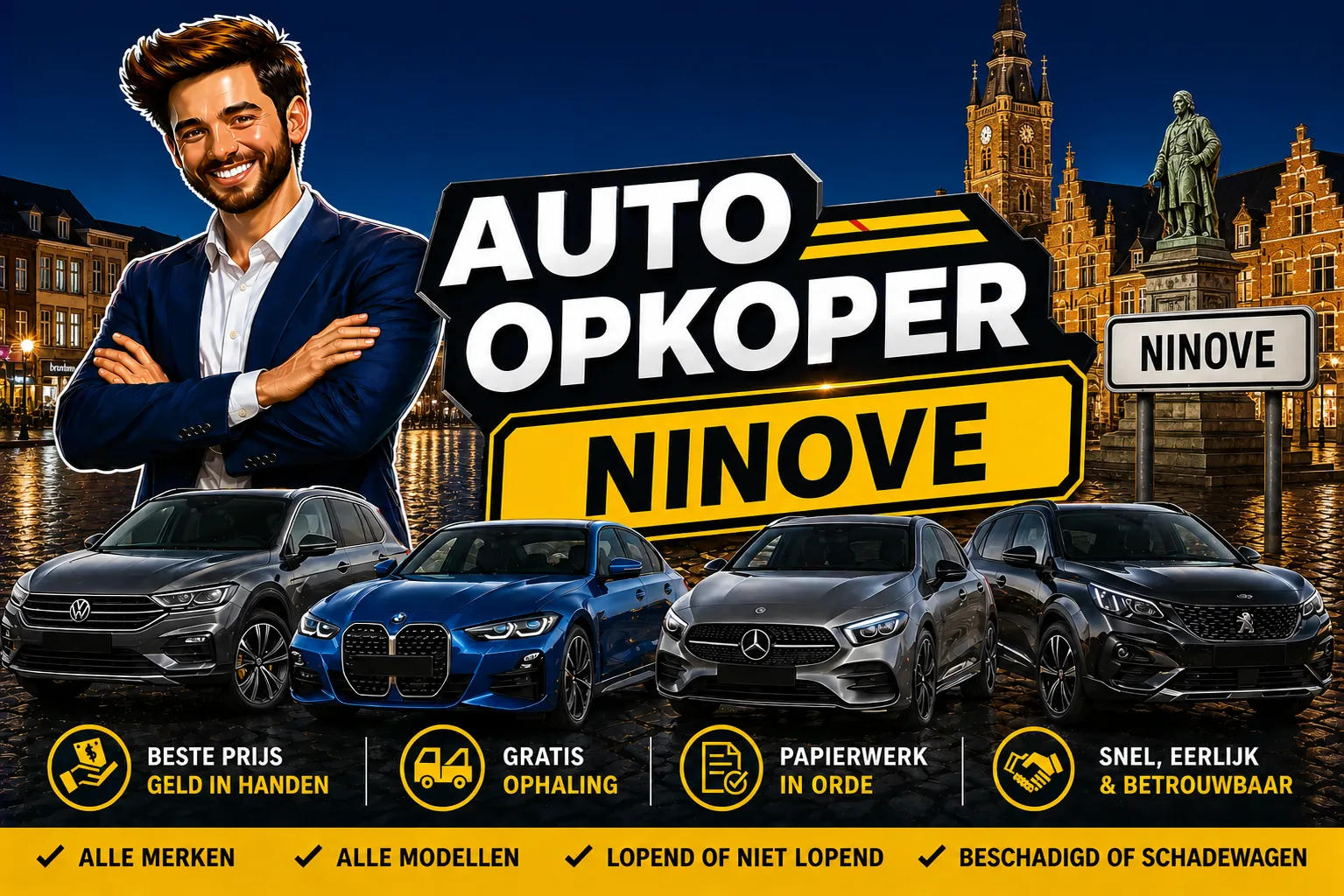 Auto verkopen Ninove aan auto opkoper Bram - diesel, benzine, hybride en EV opkoper voor heel Ninove en randgemeenten in Oost-Vlaanderen, sterke export en gratis ophaling