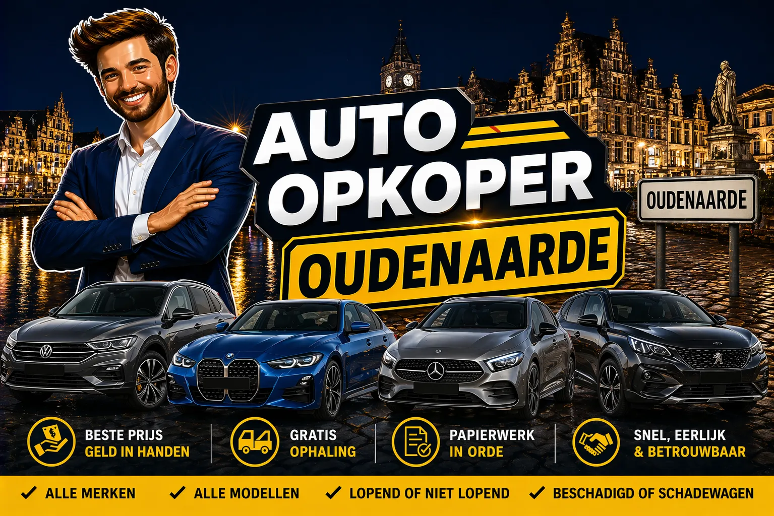 Auto verkopen Oudenaarde aan auto opkoper Bram - diesel, benzine, hybride en EV opkoper voor heel Oudenaarde en randgemeenten in Oost-Vlaanderen, sterke export en gratis ophaling