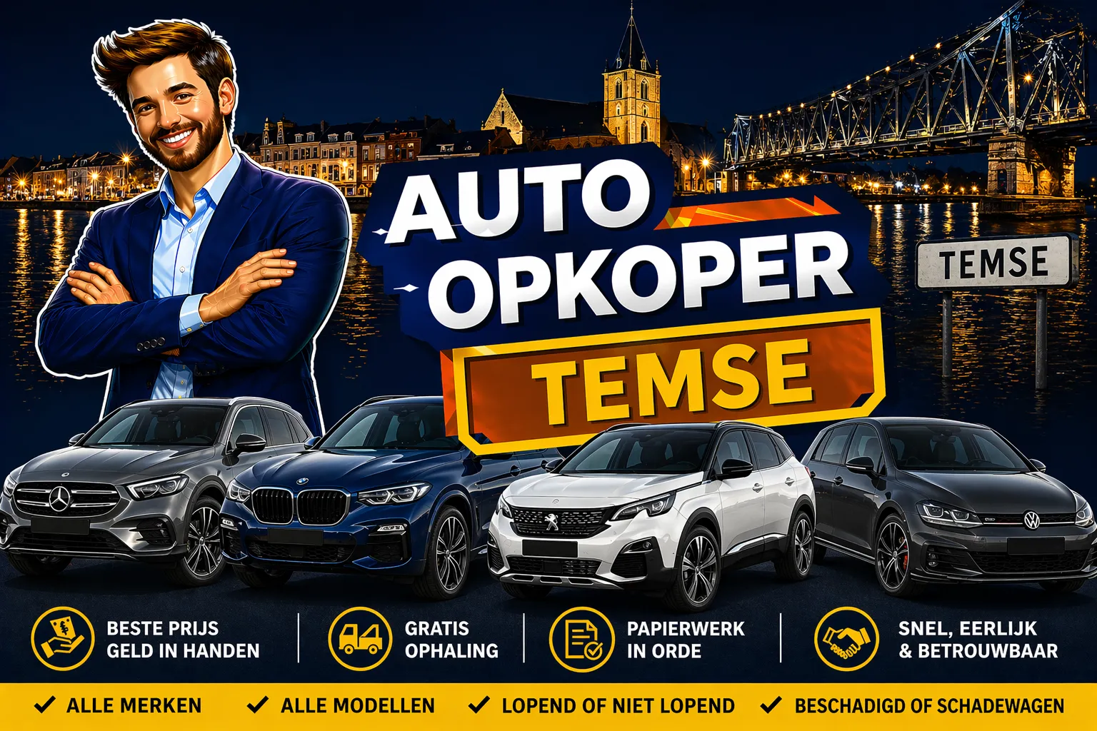 Auto verkopen Temse aan auto opkoper Bram - diesel, benzine, hybride en EV opkoper voor heel Temse en randgemeenten in Oost-Vlaanderen, sterke export en gratis ophaling