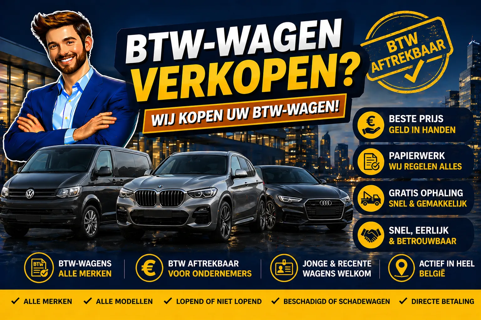 Btw-wagen verkopen in België aan Auto Opkoper Bram - btw-aftrekbare bedrijfswagens opkopen voor zelfstandigen, vrije beroepen en ondernemers