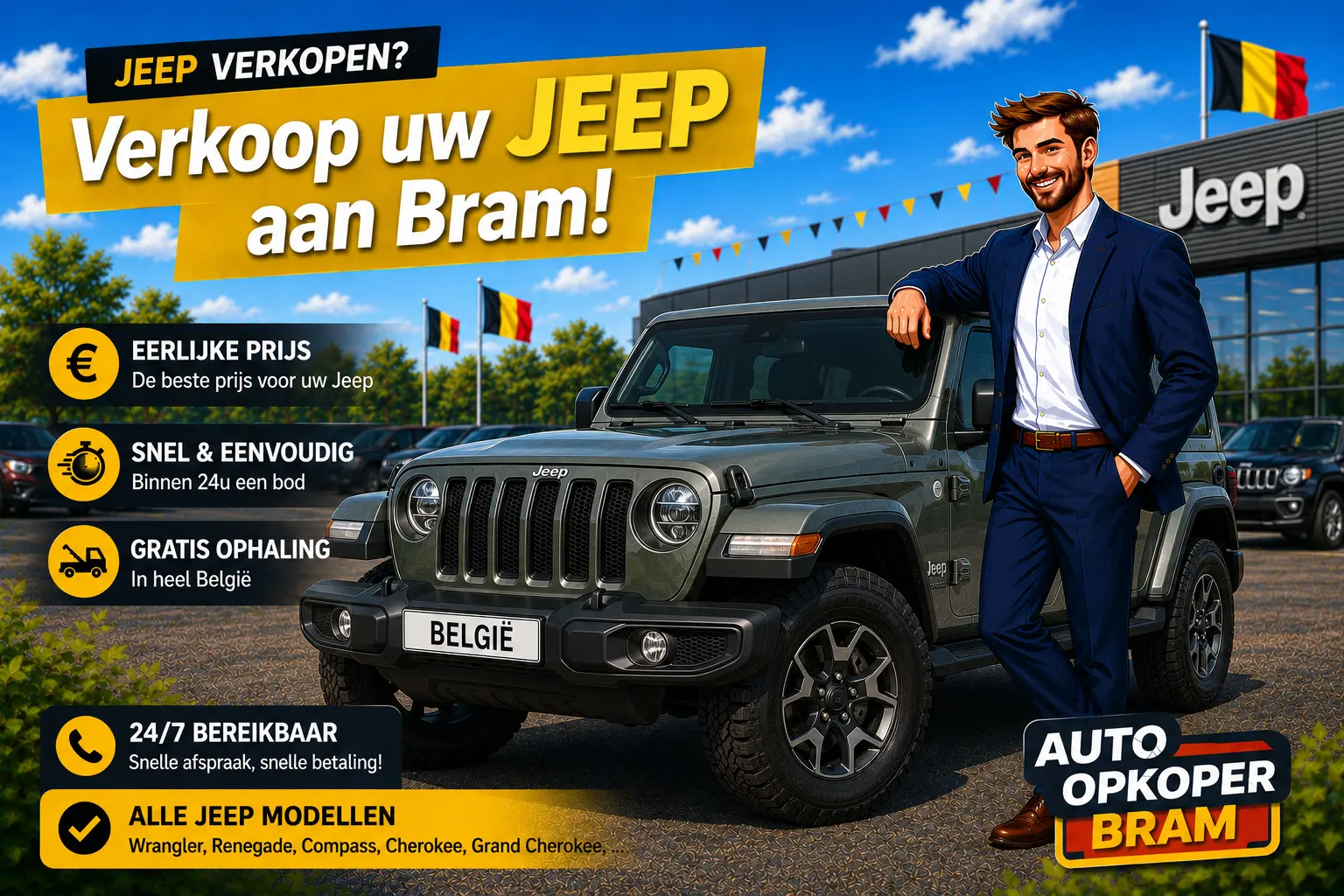 Jeep verkopen in Vlaanderen en Belgie aan Auto Opkoper Bram - Renegade, Compass, Cherokee, Grand Cherokee en Wrangler opkoper, ook met 4xe plug-in of technische issues