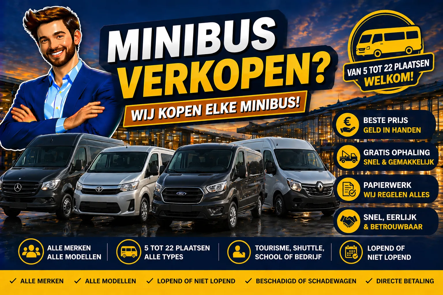 Minibus verkopen in België aan Auto Opkoper Bram - alle minibussen van 5 tot 22 plaatsen opkopen, voor toerisme, shuttle, school of bedrijf