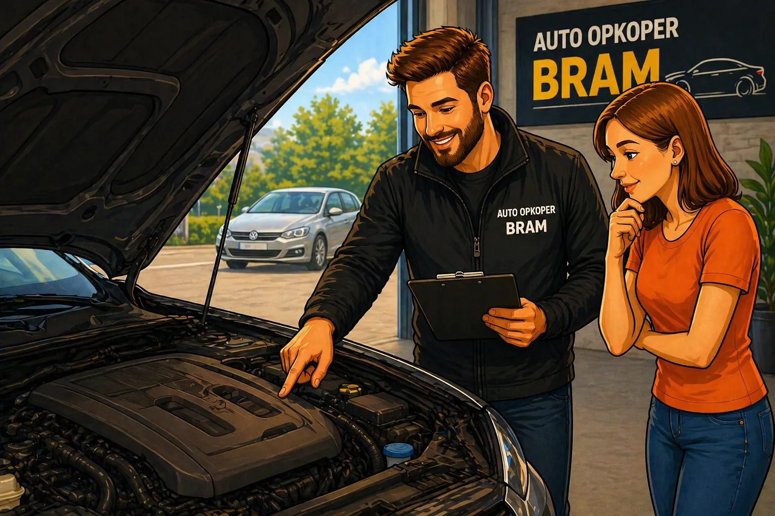 Stap 1 ophaling auto verkopen in Belgie - Auto Opkoper Bram inspecteert persoonlijk de motor en technische staat van een Volkswagen samen met de verkoper voor een eerlijk bod.