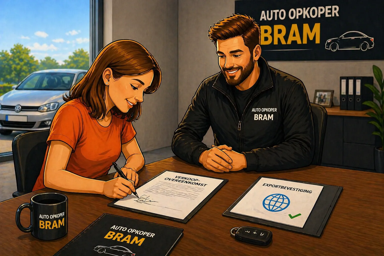 Stap 2 ophaling auto verkopen in Belgie - klant ondertekent de transparante verkoopovereenkomst met Auto Opkoper Bram aan tafel, met exportbevestiging klaar voor afhaling.
