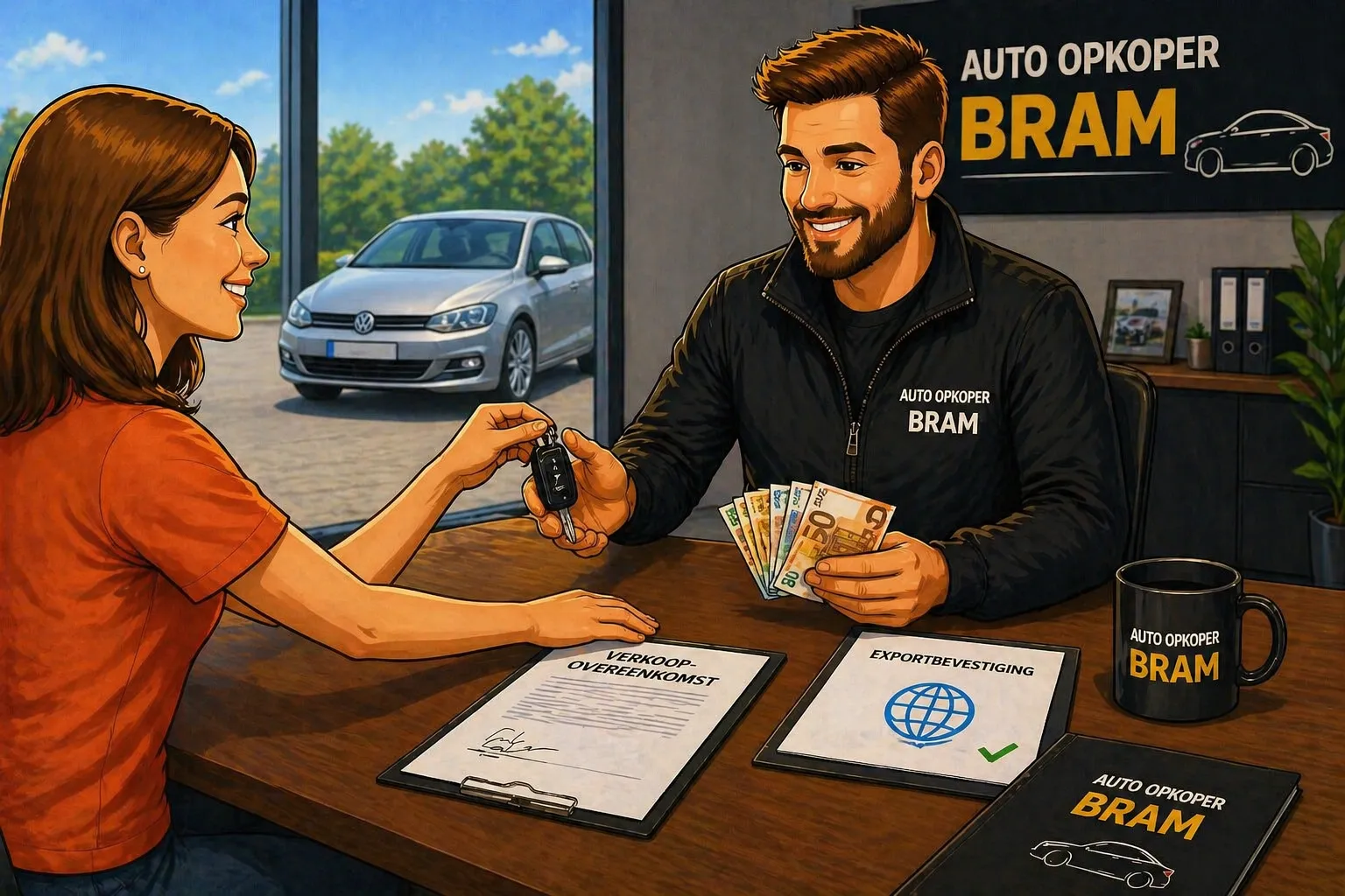 Stap 3 ophaling auto verkopen in Belgie - directe betaling in cash en gelijktijdige sleuteloverdracht door Auto Opkoper Bram bij de afhaling van de wagen.