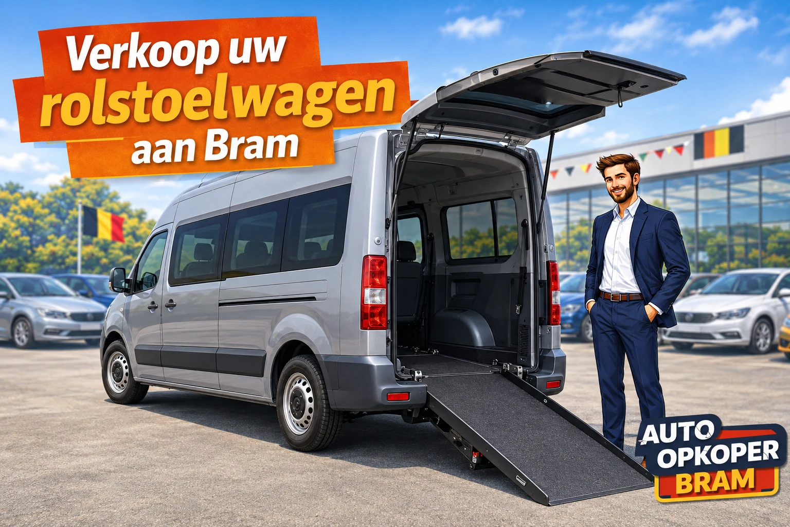 Rolstoelwagen verkopen aan Auto Opkoper Bram - aangepaste rolstoelbus met uitgeschoven oprijplaat voor rolstoelvervoer in België