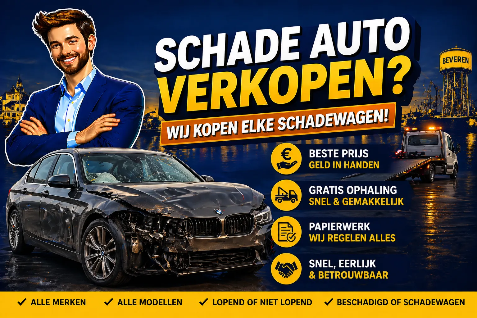 Schade auto verkopen in België aan Auto Opkoper Bram - schadewagen, total loss of niet-rijdende auto opkopen met gratis takelservice