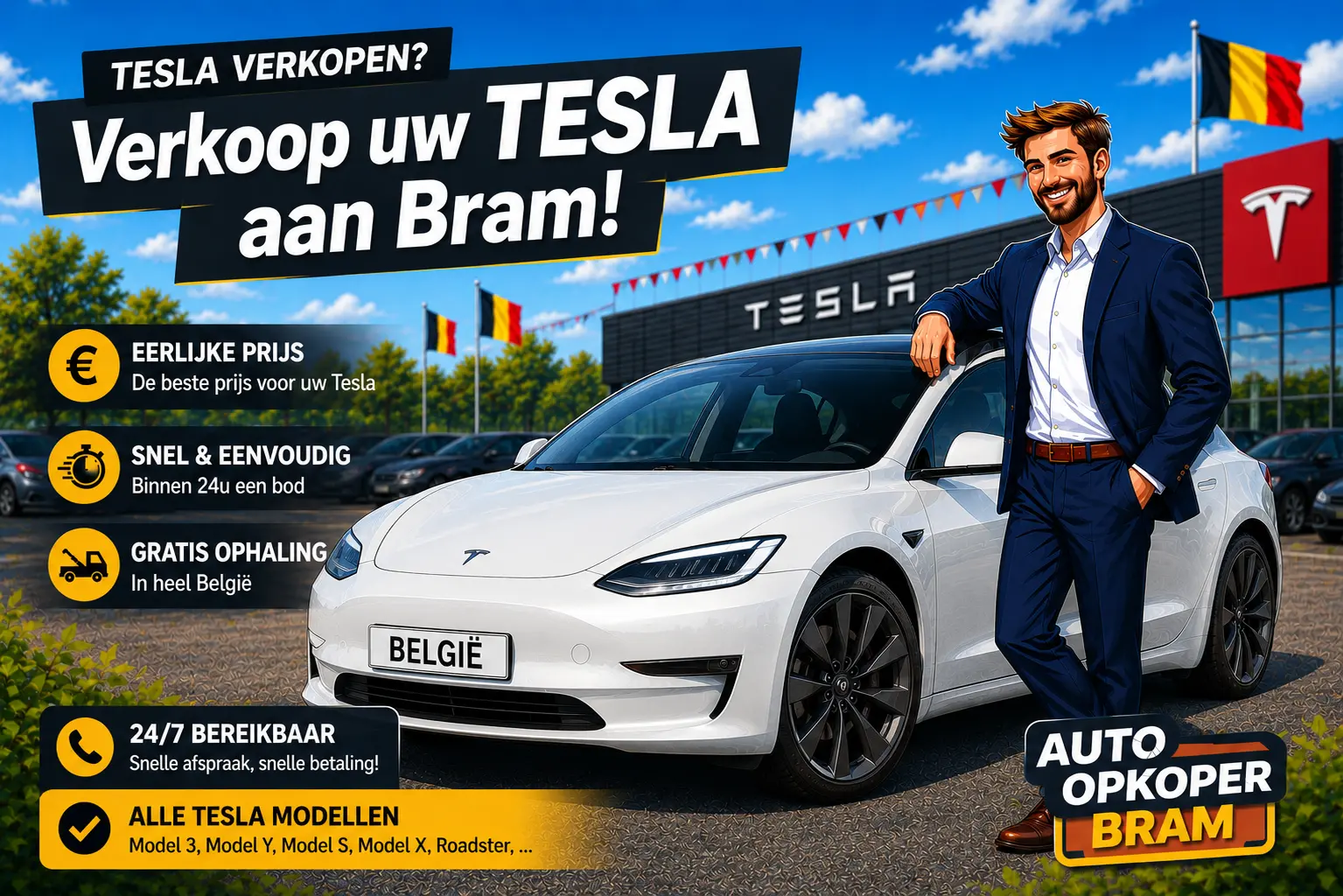Tesla verkopen in Vlaanderen en Belgie aan Auto Opkoper Bram - Model 3, Model Y, Model S en Model X opkoper, ook met batterij- of MCU-issues
