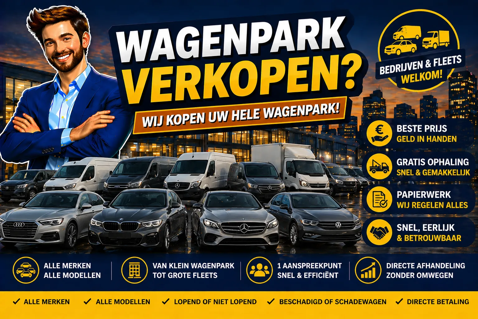 Wagenpark verkopen in België aan Auto Opkoper Bram - inkoop van volledige bedrijfsvloten en fleets in 1 deal, gratis ophaling in heel België